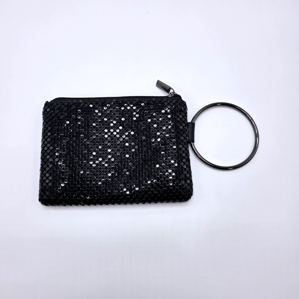 Black Metal Mesh Ring Handle Wristlet Clutch Evening Bag Zipper Closure